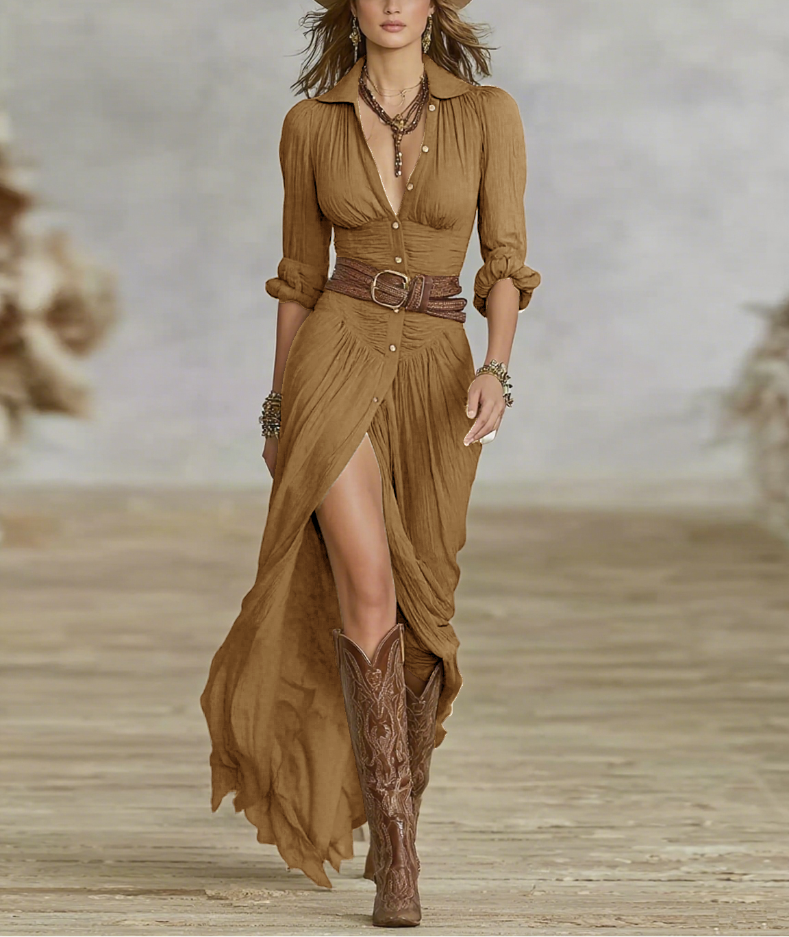 Carmen | Vestido Maxi Largo de Lino con Cuello Invertido