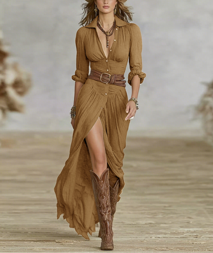 Carmen | Vestido Maxi Largo de Lino con Cuello Invertido