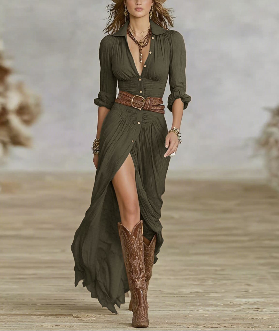 Carmen | Vestido Maxi Largo de Lino con Cuello Invertido